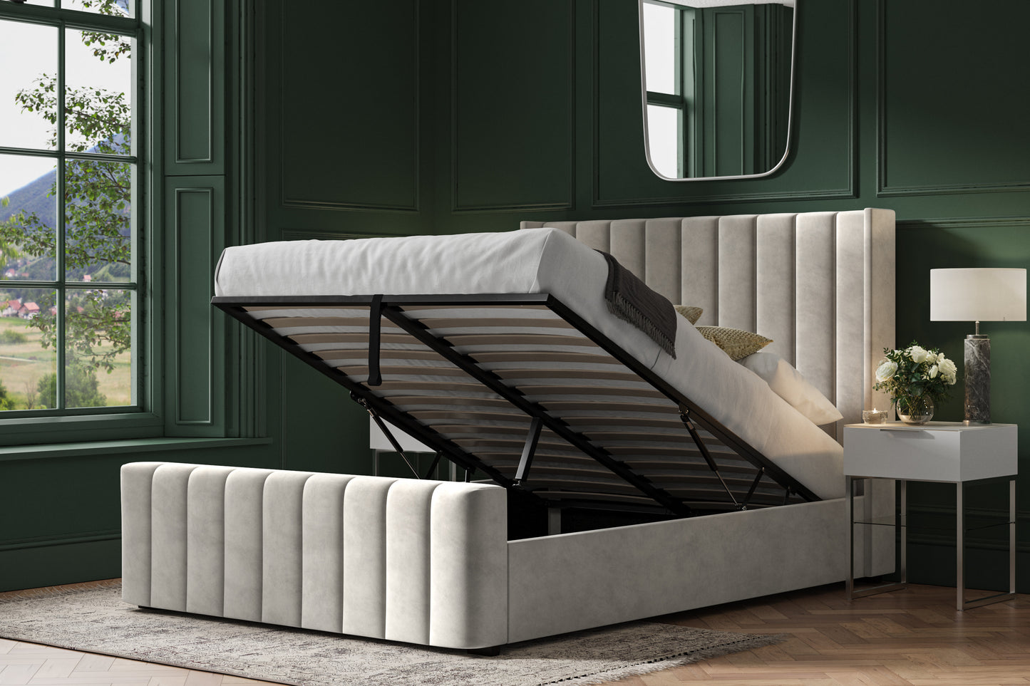 Kilworth Light Grey Velvet Upholstered Double Ottoman Bed