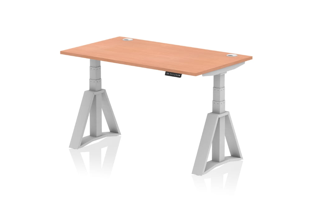 Air Height Adjustable Beech Desk With Cable Ports With Piste Foot