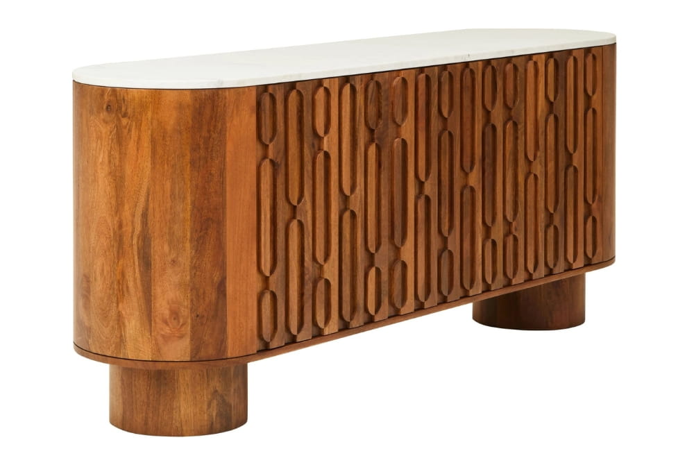 Bellmont Mango Wood Carved Design Marble Top Three Door Sideboard