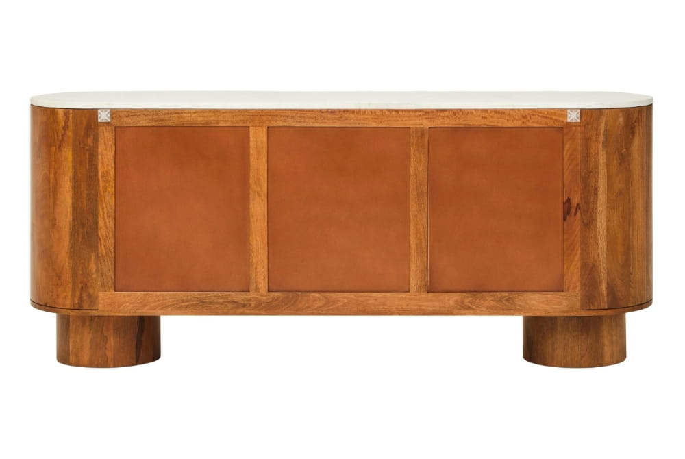 Bellmont Mango Wood Carved Design Marble Top Three Door Sideboard