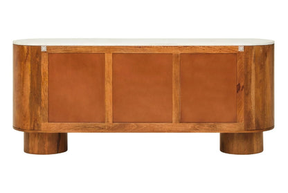 Bellmont Mango Wood Carved Design Marble Top Three Door Sideboard