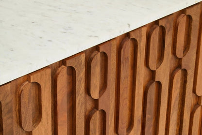 Bellmont Mango Wood Carved Design Marble Top Three Door Sideboard