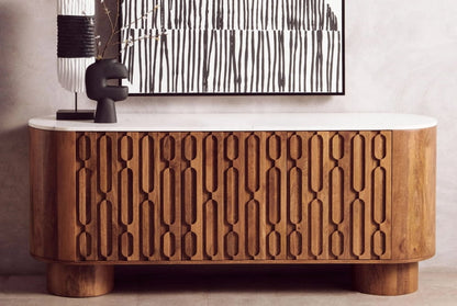 Bellmont Mango Wood Carved Design Marble Top Three Door Sideboard