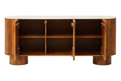 Bellmont Mango Wood Carved Design Marble Top Three Door Sideboard