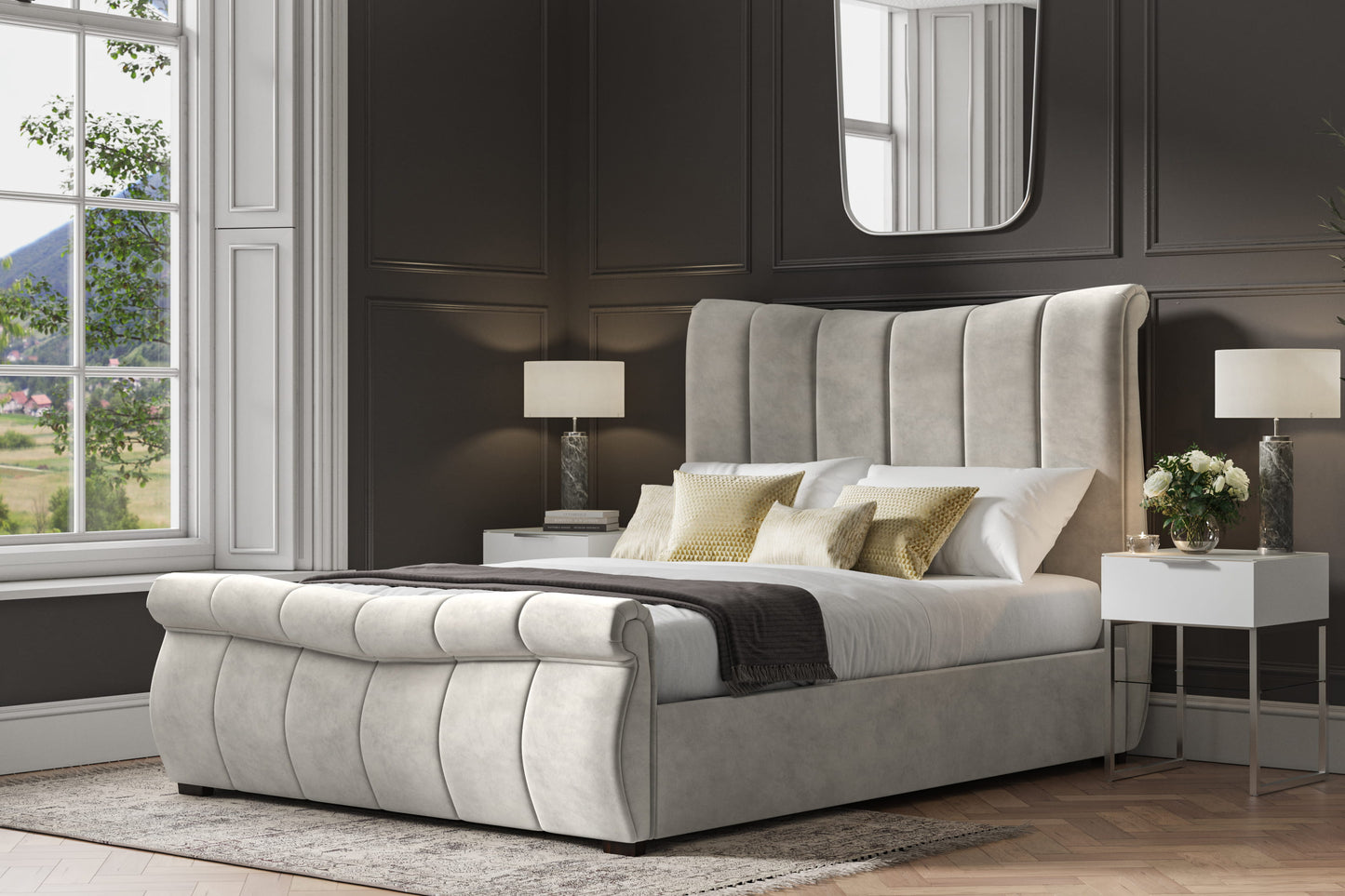 Bosworth Light Grey Velvet Upholstered King Size Ottoman Bed