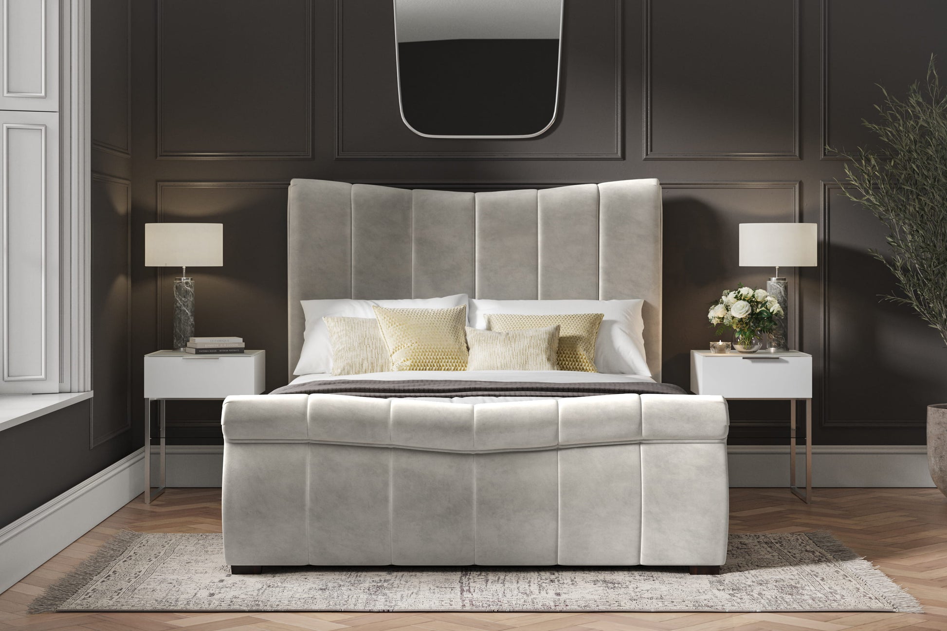 Bosworth Light Grey Velvet Upholstered King Size Ottoman Bed