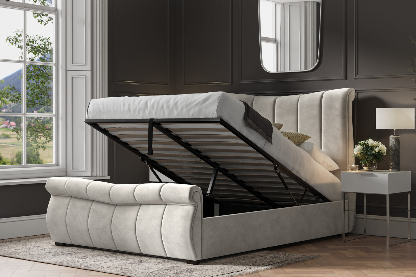 Bosworth Light Grey Velvet Upholstered King Size Ottoman Bed