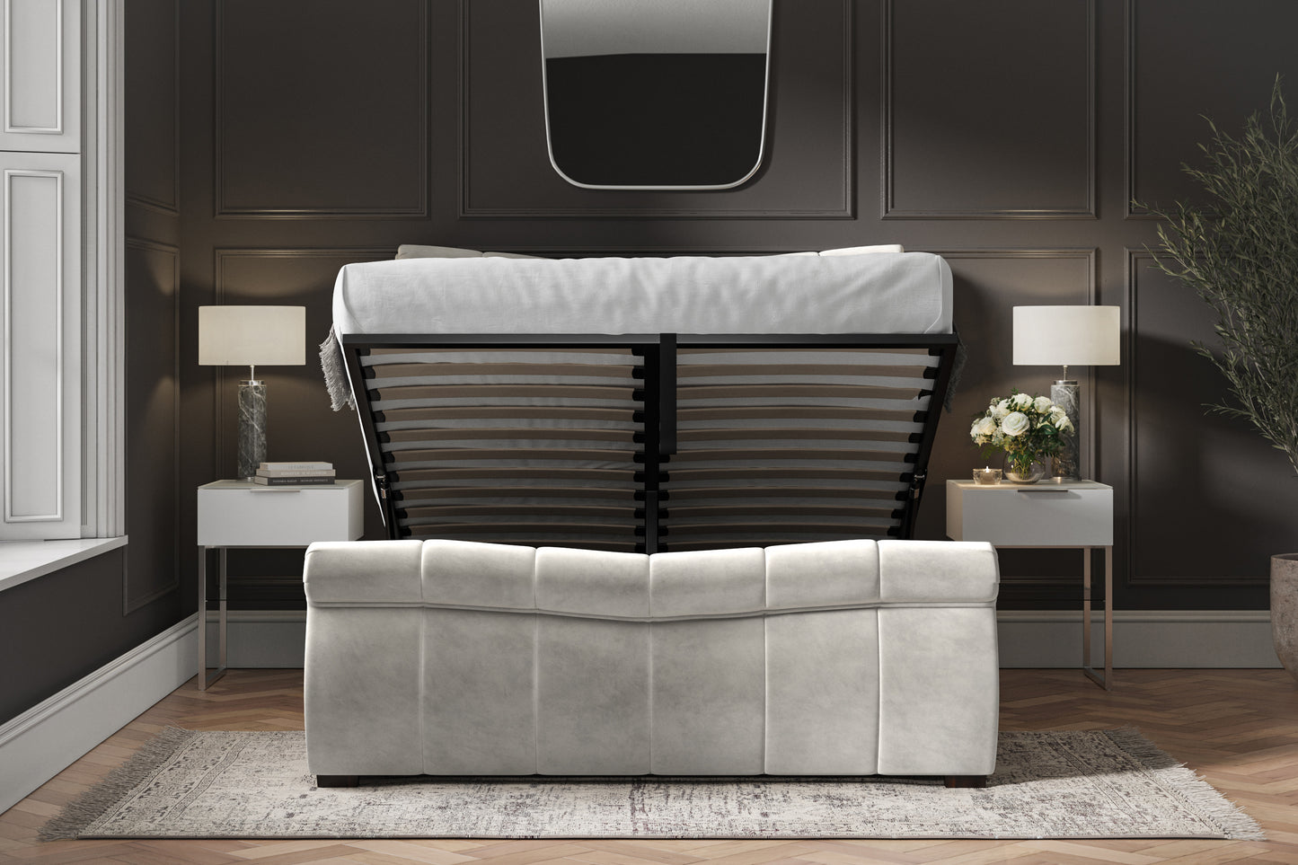 Bosworth Light Grey Velvet Upholstered King Size Ottoman Bed