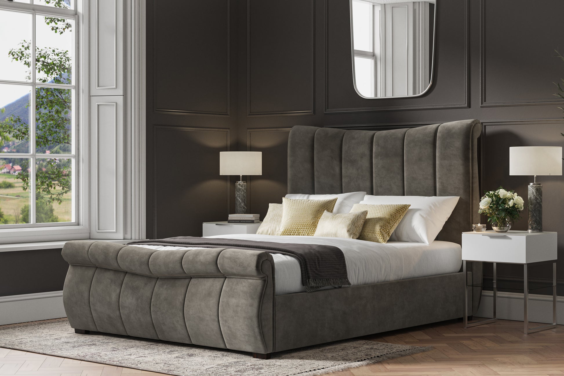 Bosworth Mid Grey Velvet Upholstered King Size Ottoman Bed