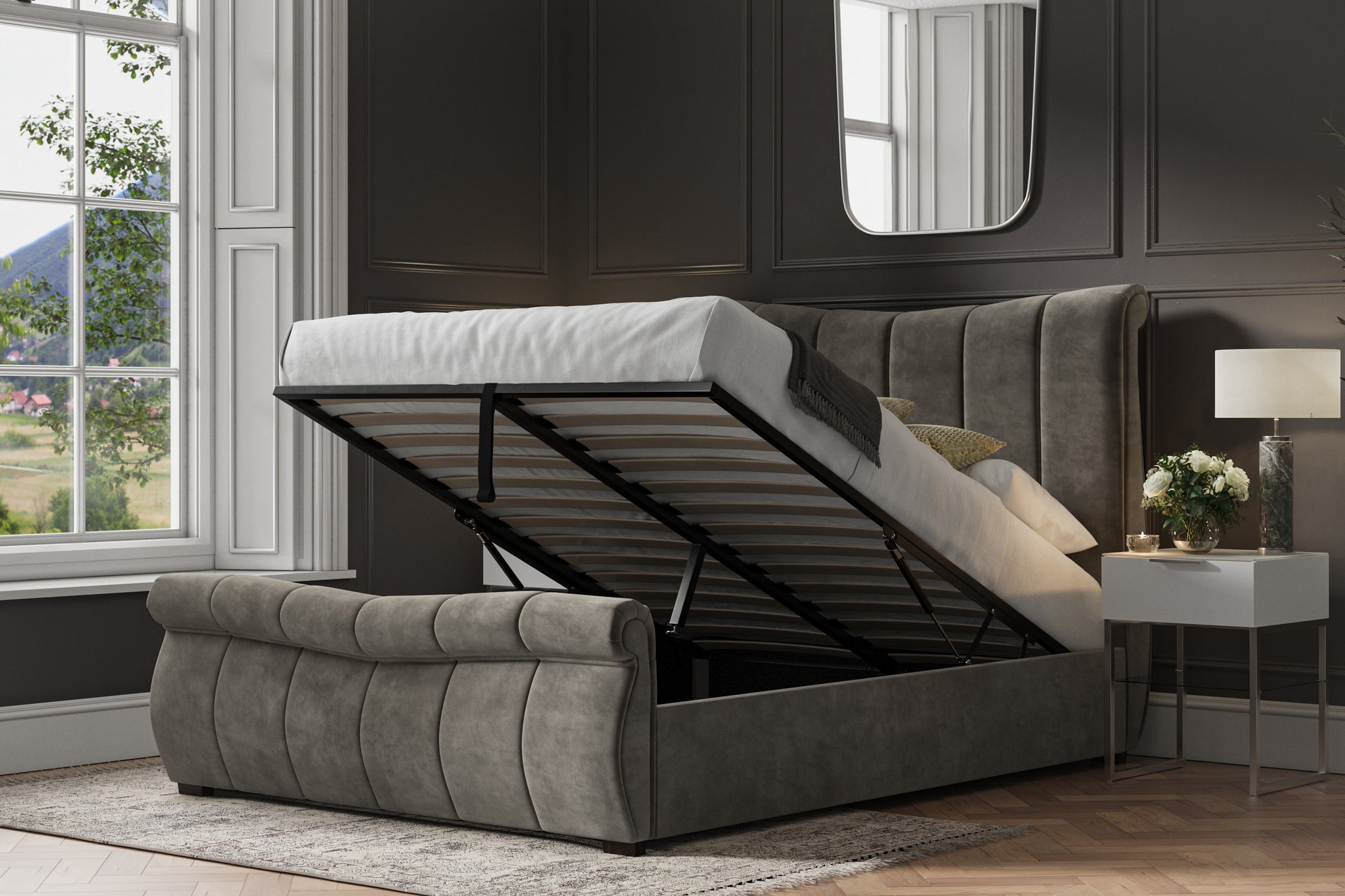Bosworth Mid Grey Velvet Upholstered King Size Ottoman Bed