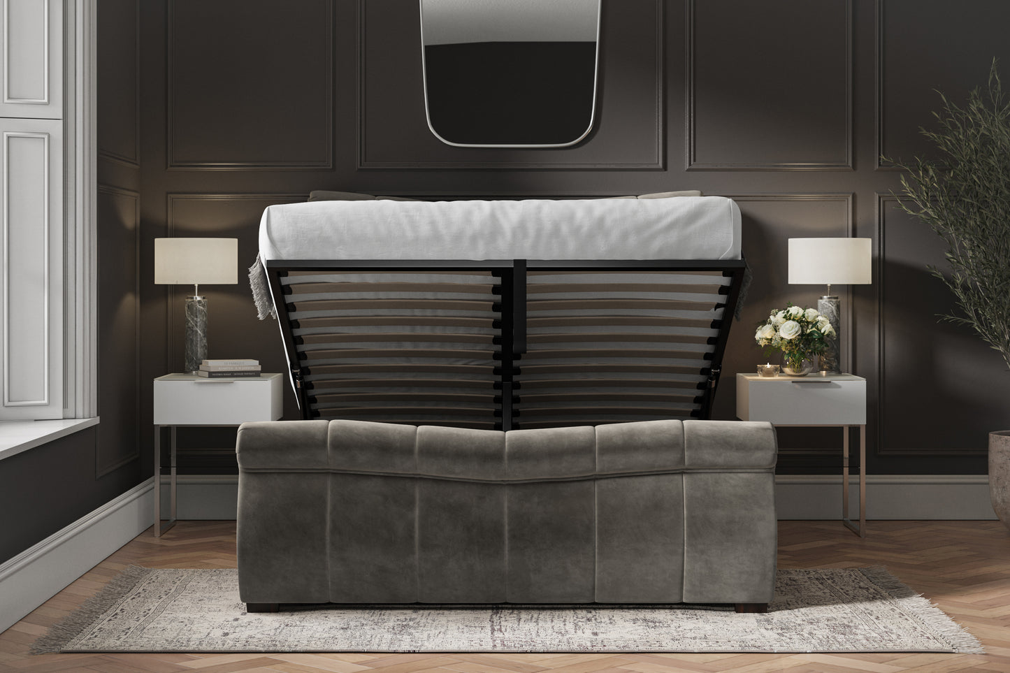 Bosworth Mid Grey Velvet Upholstered King Size Ottoman Bed