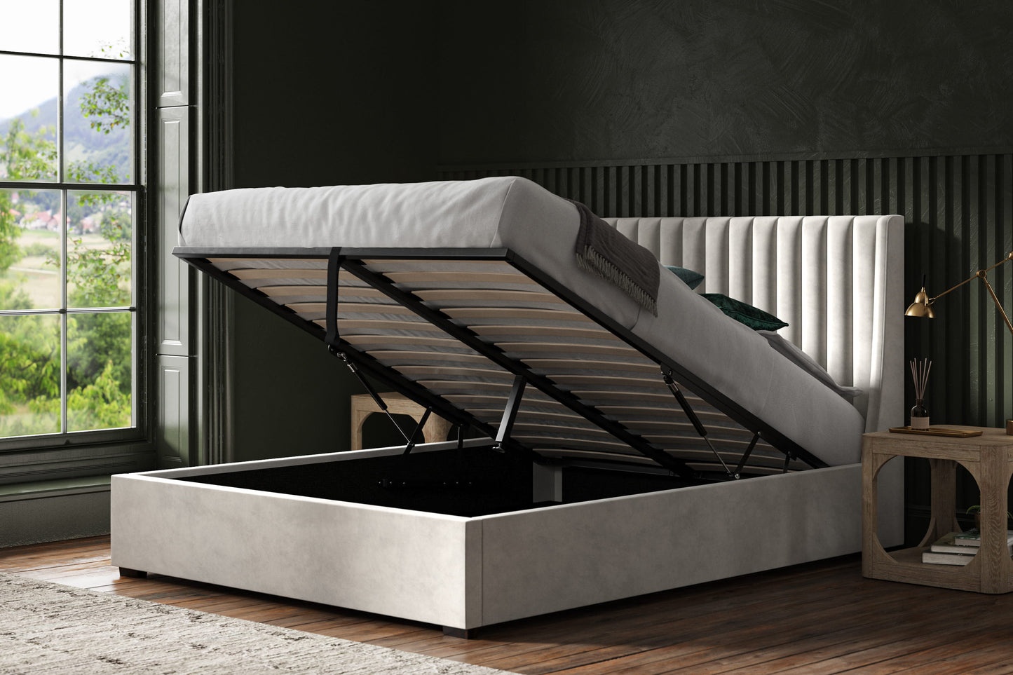 Bramcote Light Grey Velvet Upholstered Double Ottoman Bed