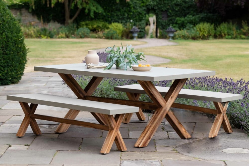 Burford Table & Bench Set - Acacia Wood & Polystone, Natural (Small)