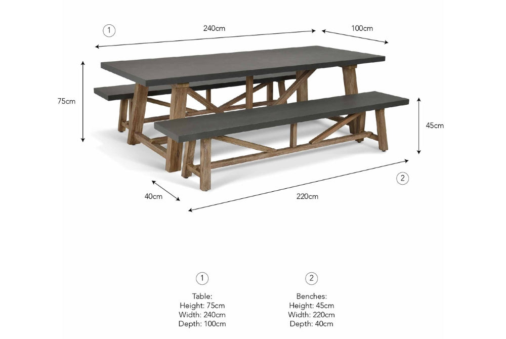 Chilford Table & Bench Set - Acacia Wood & Polystone, Grey (Large)