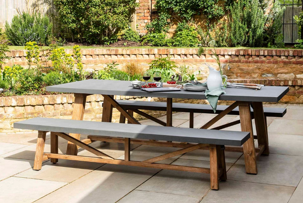 Chilford Table & Bench Set - Acacia Wood & Polystone, Grey (Large)