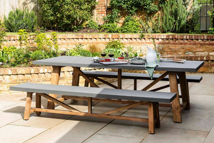 Chilford Table & Bench Set - Acacia Wood & Polystone, Grey (Large)