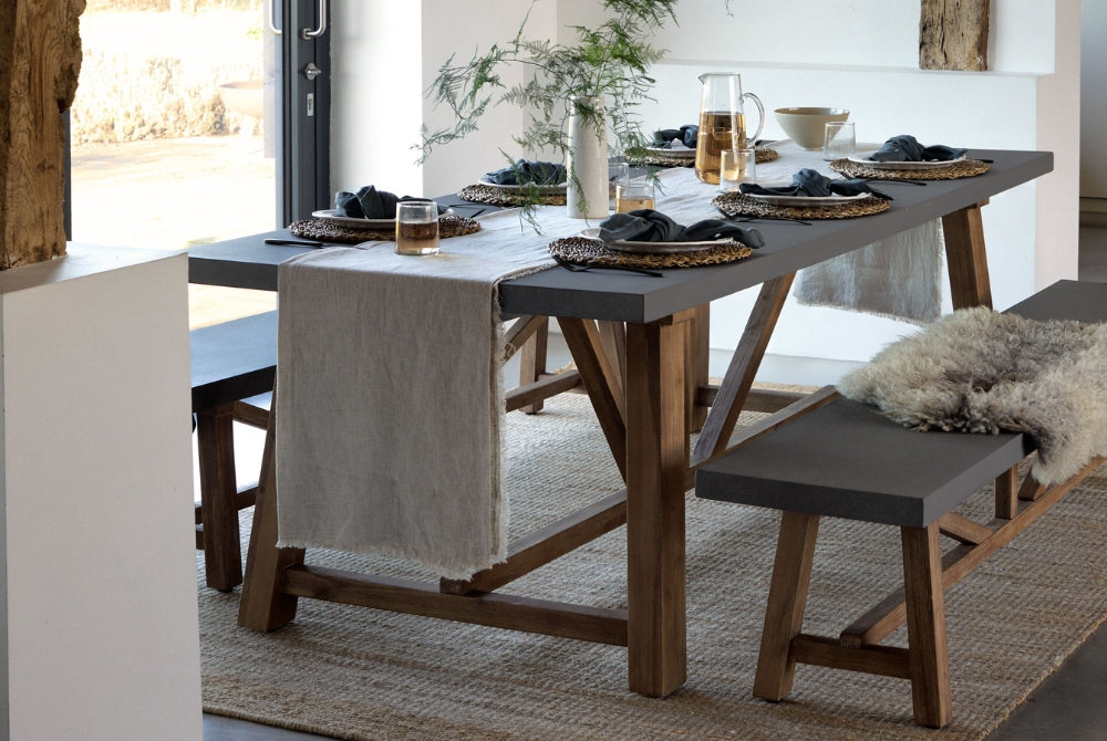 Chilford Table & Bench Set - Acacia Wood & Polystone, Grey (Large)