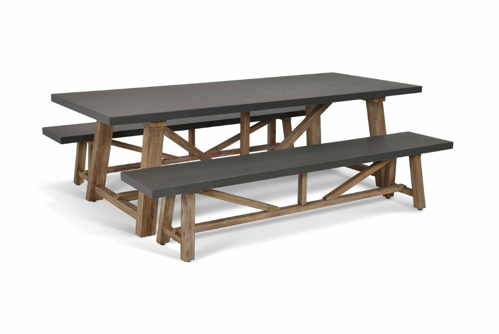 Chilford Table & Bench Set - Acacia Wood & Polystone, Grey (Large)