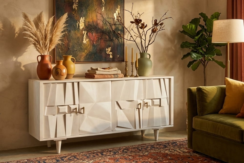 Clarendon Four Door Whitewash Mango Wood Abstract Sideboard