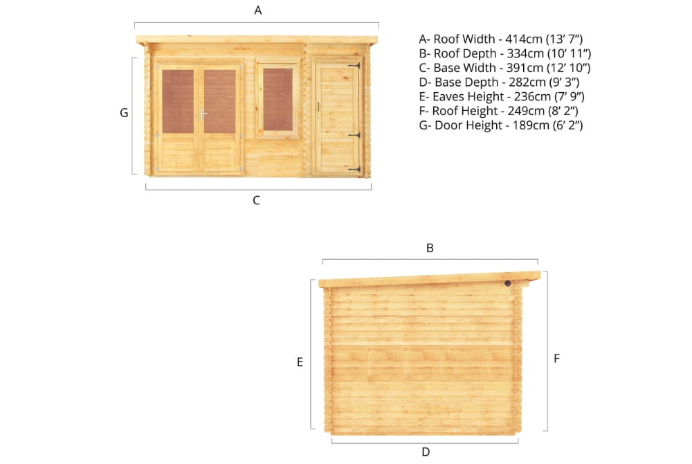Elite Pent Log Cabin With Side Shed 4.1m x 3m - 28mm Thick