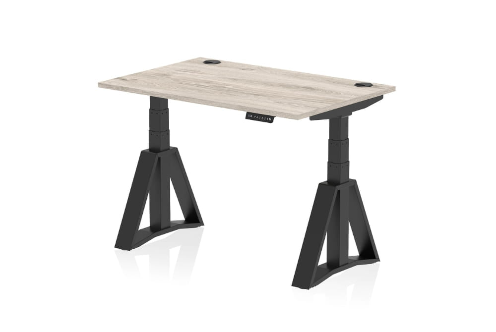 Air Height Adjustable Grey Oak Desk With Cable Ports With Piste Foot