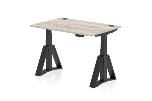 Air Height Adjustable Grey Oak Desk With Cable Ports With Piste Foot
