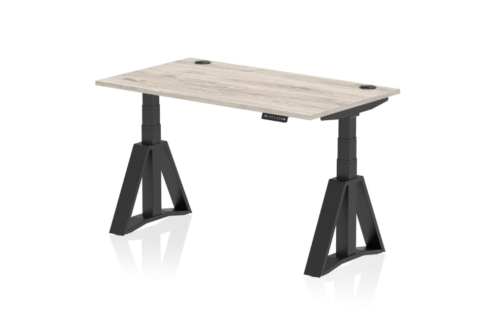 Air Height Adjustable Grey Oak Desk With Cable Ports With Piste Foot