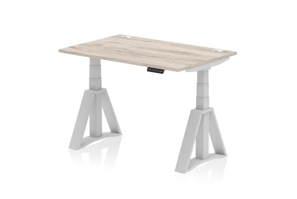 Air Height Adjustable Grey Oak Desk With Cable Ports With Piste Foot