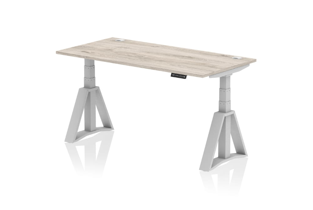 Air Height Adjustable Grey Oak Desk With Cable Ports With Piste Foot