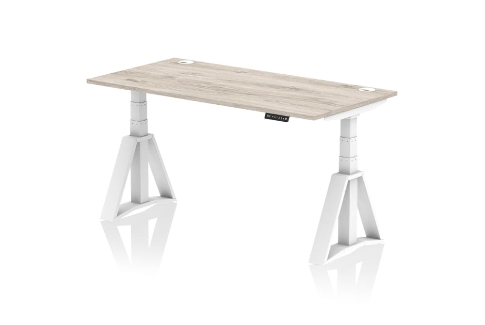 Air Height Adjustable Grey Oak Desk With Cable Ports With Piste Foot