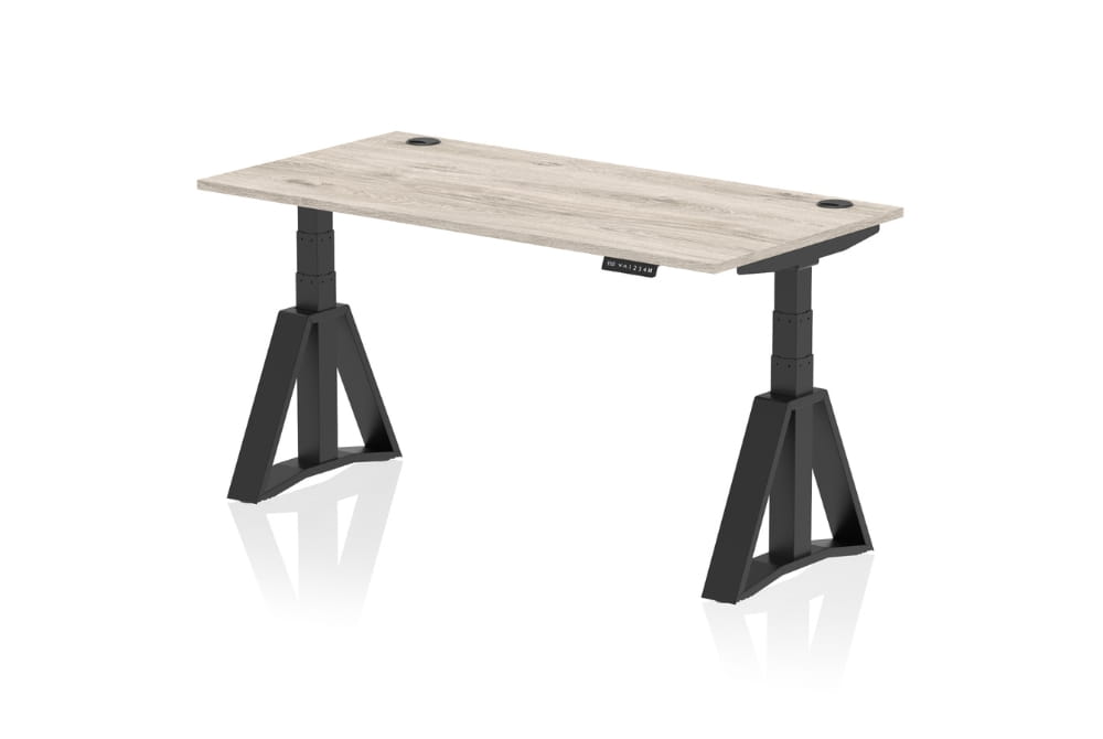 Air Height Adjustable Grey Oak Desk With Cable Ports With Piste Foot