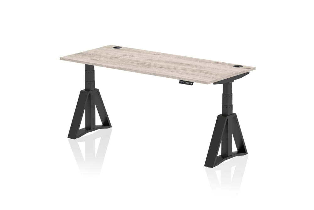 Air Height Adjustable Grey Oak Desk With Cable Ports With Piste Foot