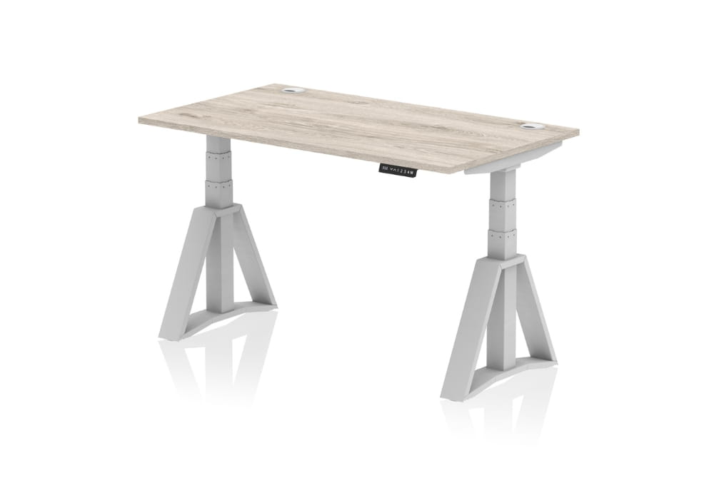 Air Height Adjustable Grey Oak Desk With Cable Ports With Piste Foot