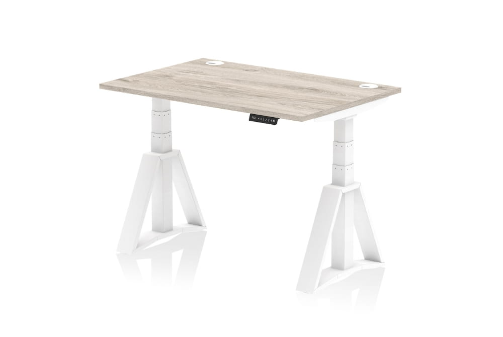 Air Height Adjustable Grey Oak Desk With Cable Ports With Piste Foot