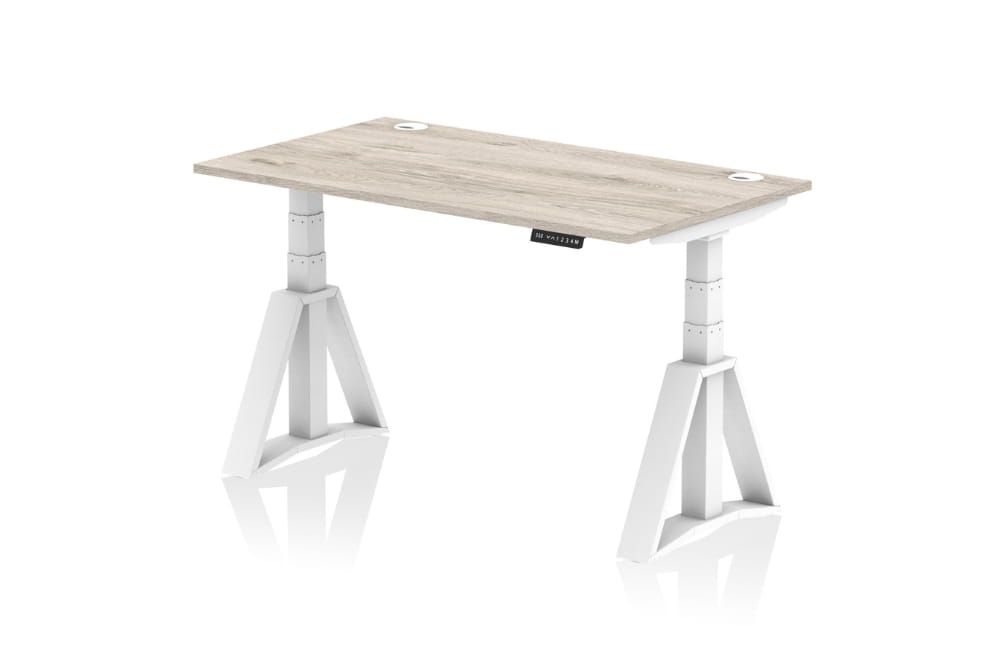 Air Height Adjustable Grey Oak Desk With Cable Ports With Piste Foot