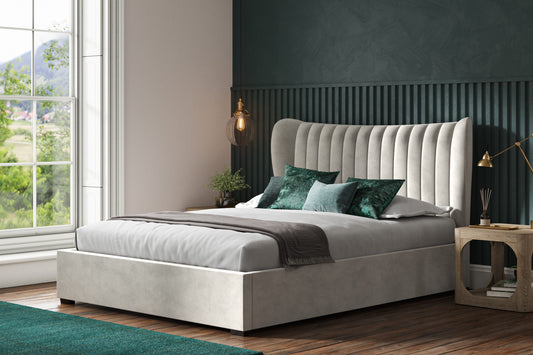 Harcourt Light Grey Velvet Upholstered Double Ottoman Bed