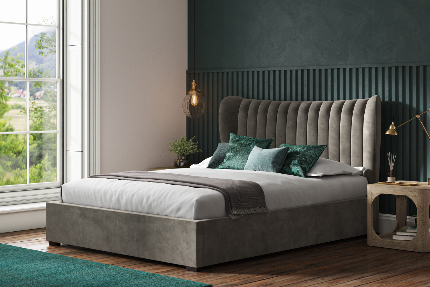 Harcourt Mid Grey Velvet Upholstered Double Ottoman Bed