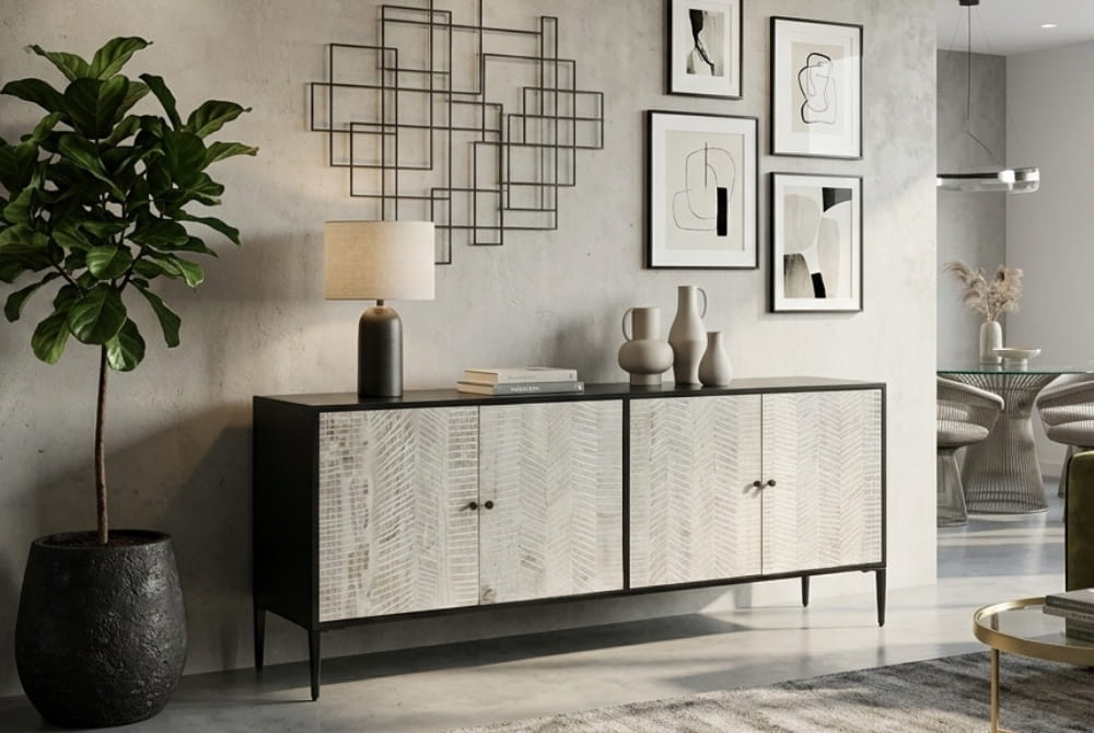 Harrington Grey Wash Recycled Pine Wood 4 Door Sideboard