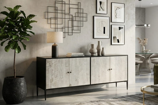 Harrington Grey Wash Recycled Pine Wood 4 Door Sideboard