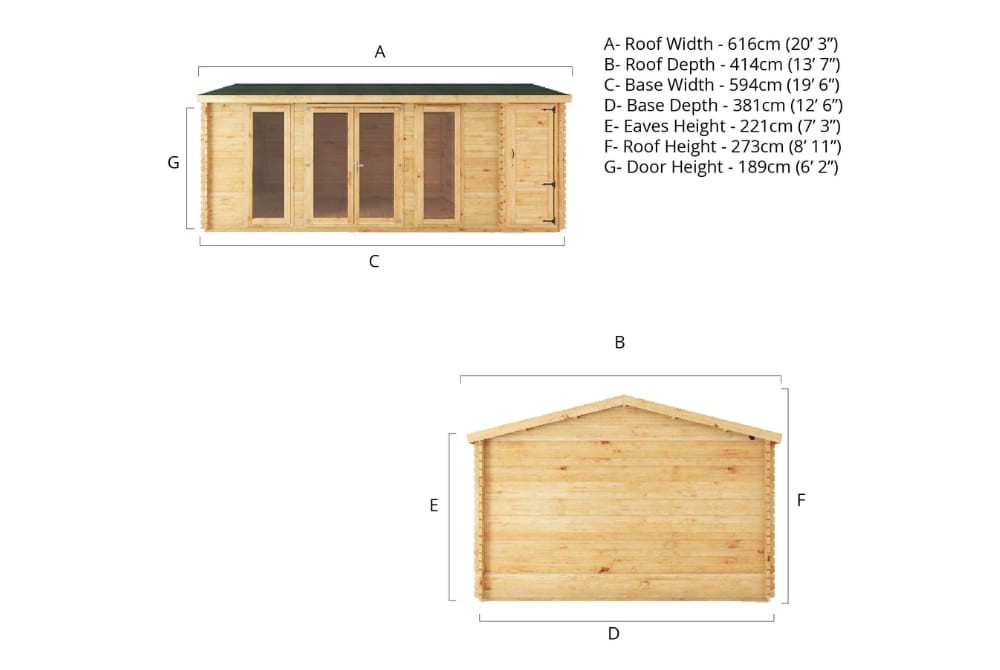 The Home Office Studio Log Cabin with Side Shed 6.1m x 4m