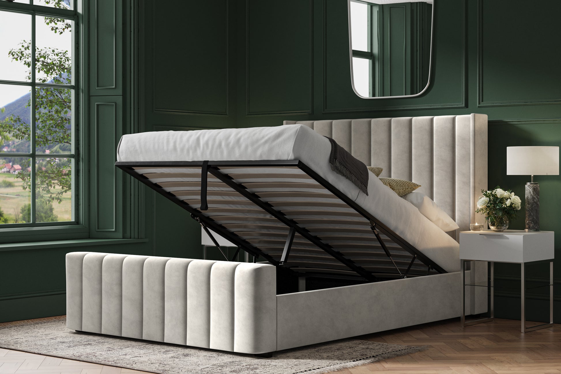 Kilworth Light Grey Velvet Upholstered Double Ottoman Bed