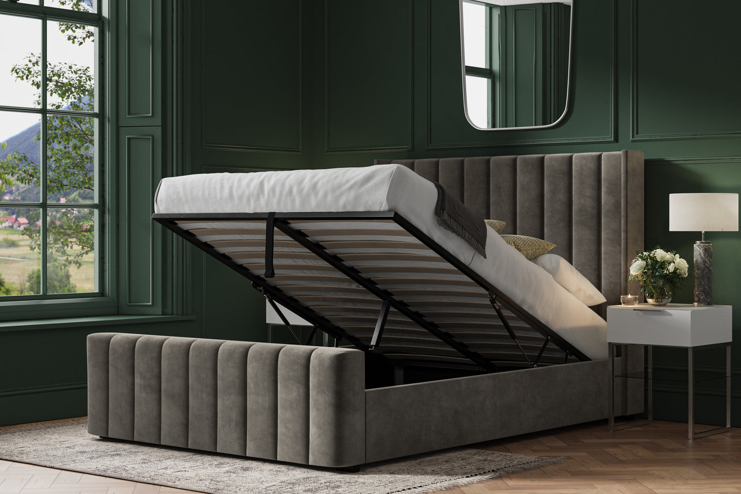 Kilworth Mid Grey Velvet Upholstered Double Ottoman Bed
