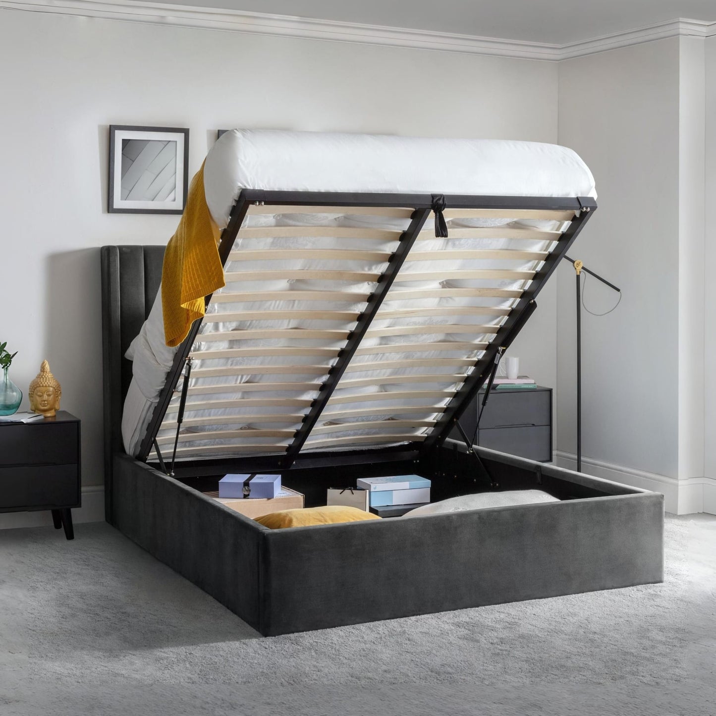 Langham Grey Scalloped Headboard Ottoman Bed