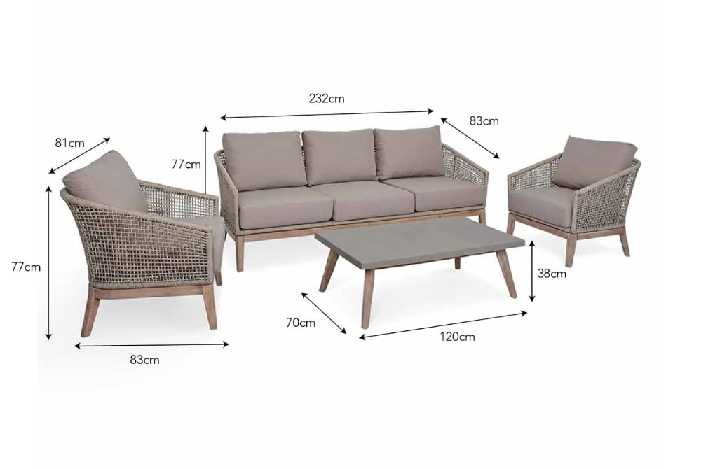 Lynton 3 Seater Sofa Set - Acacia Wood, Grey
