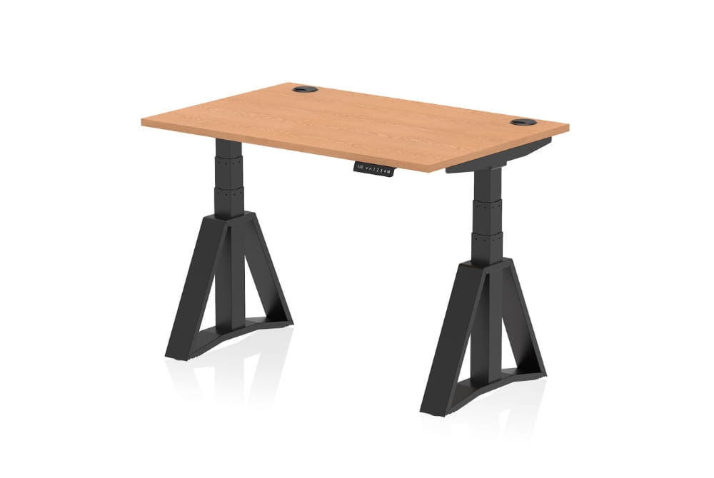 Air Height Adjustable Oak Desk With Cable Ports With Piste Foot