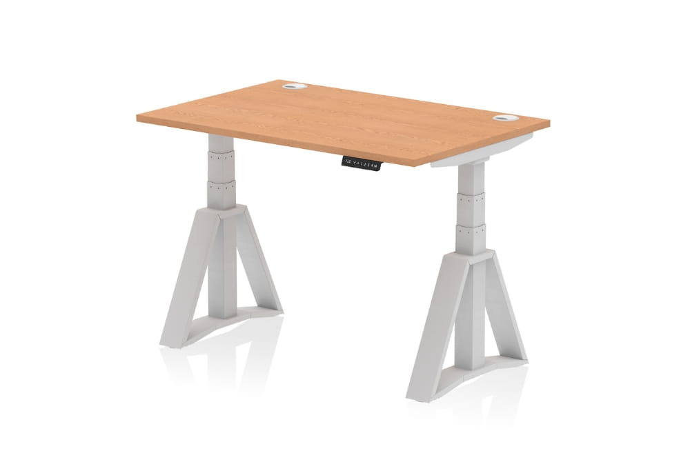 Air Height Adjustable Oak Desk With Cable Ports With Piste Foot