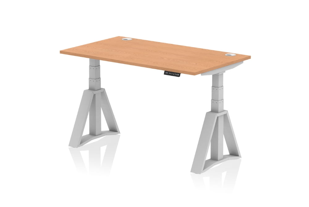Air Height Adjustable Oak Desk With Cable Ports With Piste Foot