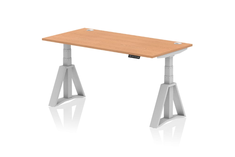Air Height Adjustable Oak Desk With Cable Ports With Piste Foot