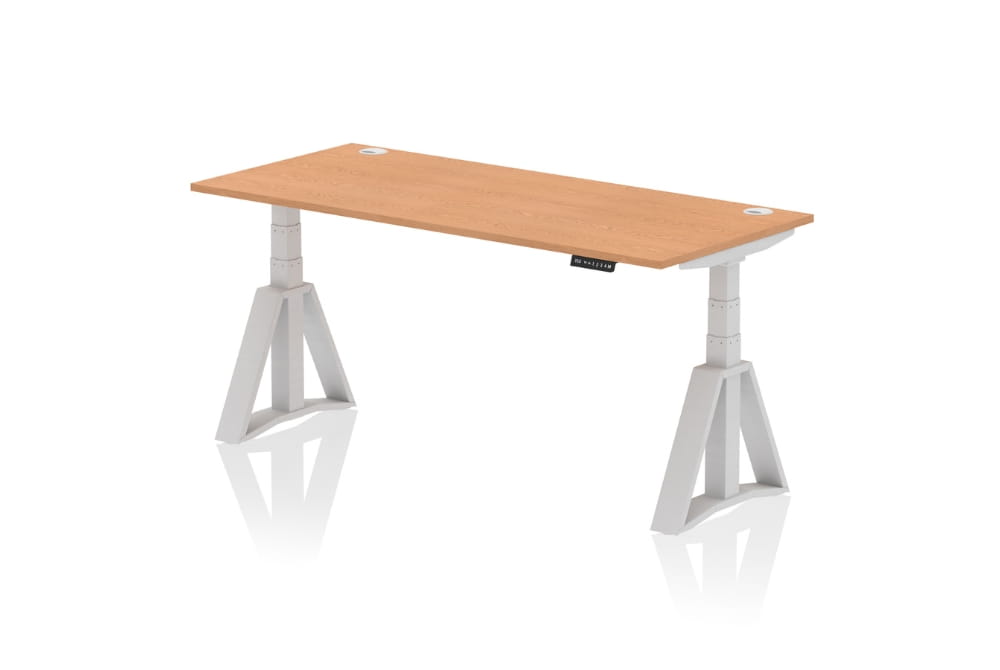 Air Height Adjustable Oak Desk With Cable Ports With Piste Foot