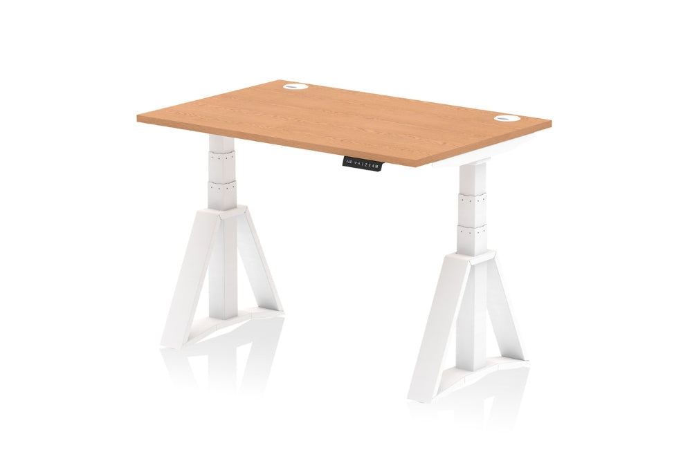 Air Height Adjustable Oak Desk With Cable Ports With Piste Foot